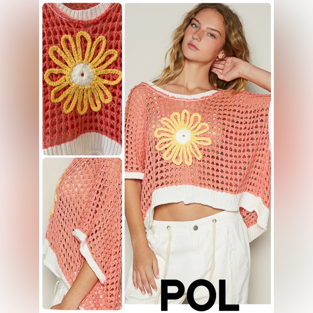 POL Daisy Flower Crochet Open Knit Sweater Salmon Pink Oversized Small Lagenlook